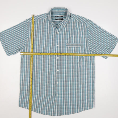 Dunnes Men Blue Check Short Sleeve Button-Down Shirt Size L