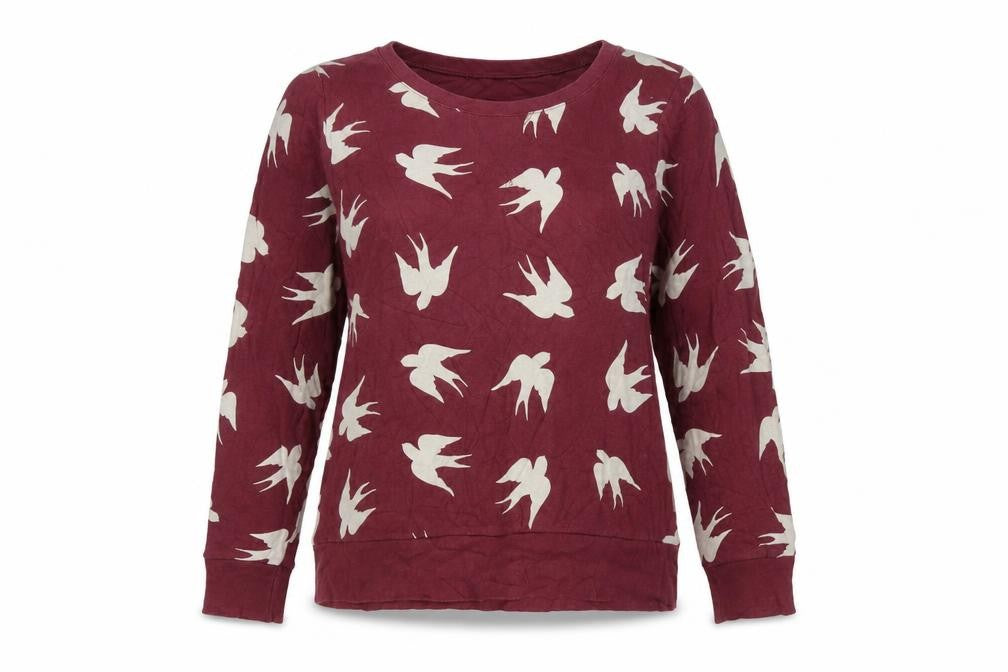 Front view of Marks & Spencer Women Burgundy Bird Print Cotton Pullover Sweatshirt, size 14