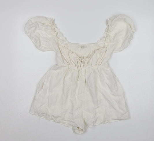 Urban Outfitters Women Ivory Puff Sleeve Playsuit Size S Rayon Blend