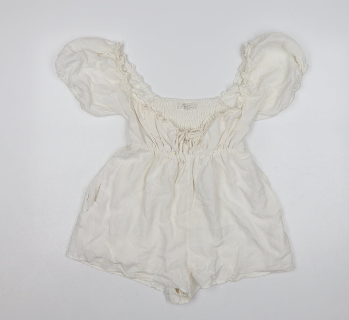 Urban Outfitters Women Ivory Puff Sleeve Playsuit Size S Rayon Blend