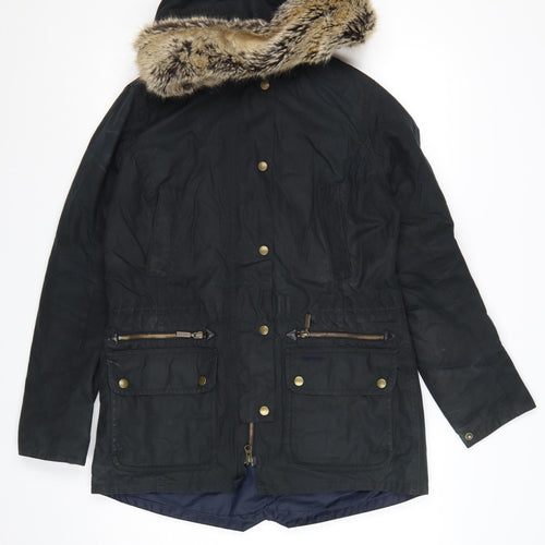 Barbour Women's Black Waxed Parka Coat Size 10 Fur Trim Hood