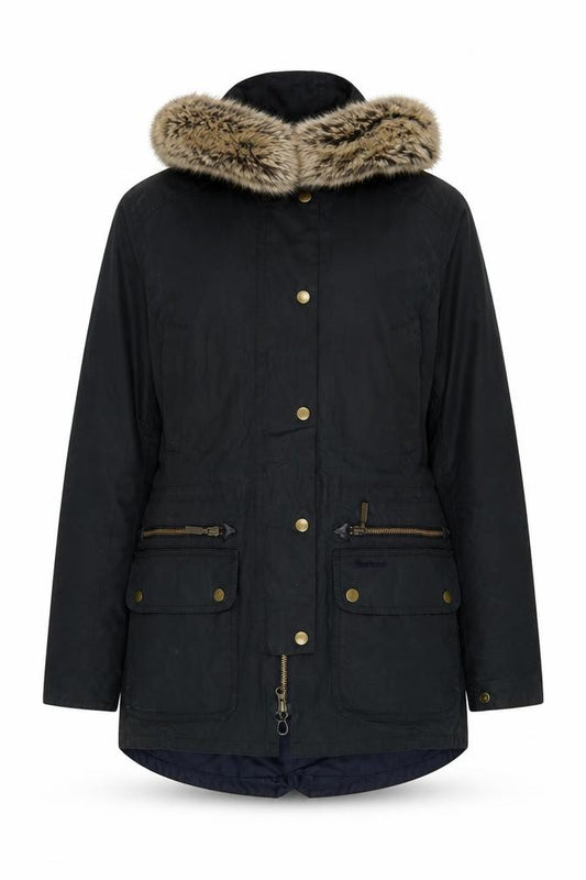 Barbour Women's Black Waxed Parka Coat Size 10 Fur Trim Hood