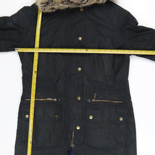 Barbour Women's Black Waxed Parka Coat Size 10 Fur Trim Hood