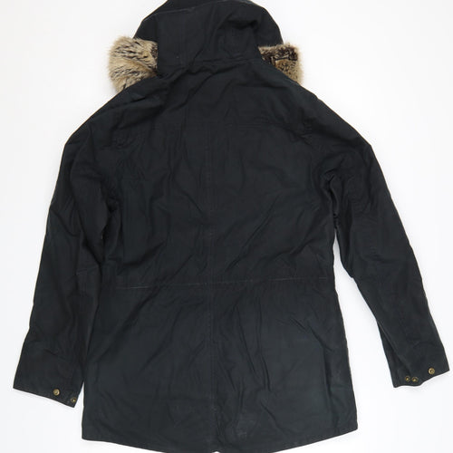 Barbour Women's Black Waxed Parka Coat Size 10 Fur Trim Hood