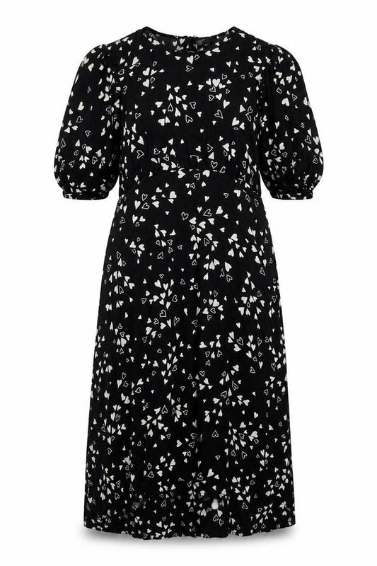 Front view of Nobody’s Child Black Heart Print Midi A-Line Dress women’s, size UK 16