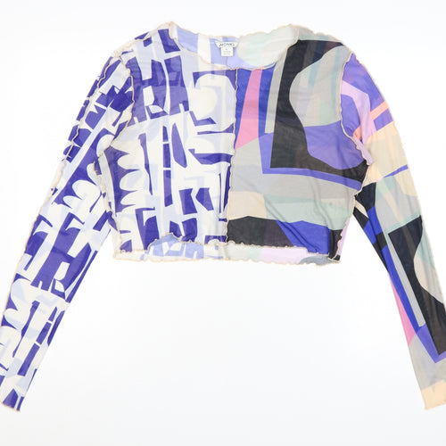Monki Women Multicoloured Geometric Mesh Cropped Long Sleeve Blouse XL