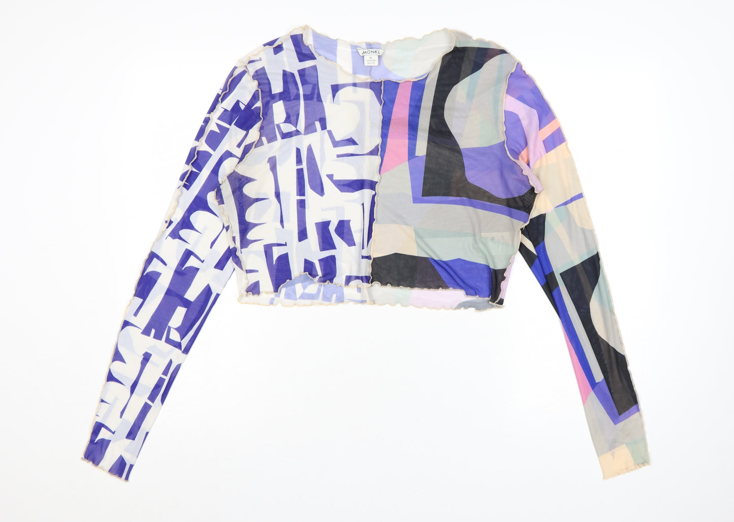 Monki Women Multicoloured Geometric Mesh Cropped Long Sleeve Blouse XL