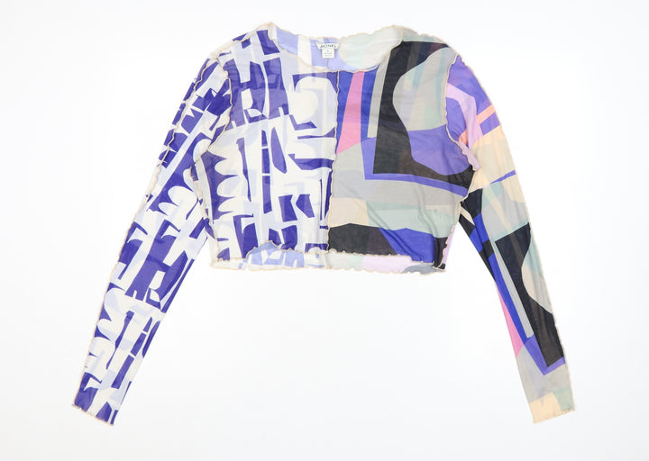 Monki Women Multicoloured Geometric Mesh Cropped Long Sleeve Blouse XL