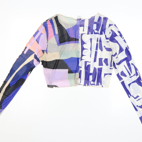 Monki Women Multicoloured Geometric Mesh Cropped Long Sleeve Blouse XL