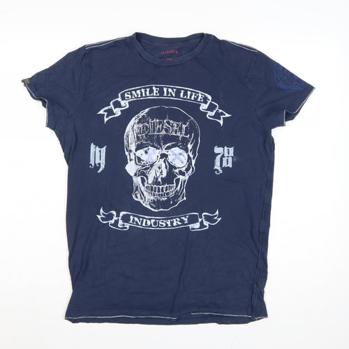 Diesel Women's Blue Graphic Skull T-Shirt L Cotton Casual Rock Style