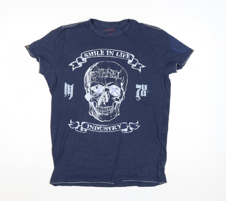 Diesel Women's Blue Graphic Skull T-Shirt L Cotton Casual Rock Style