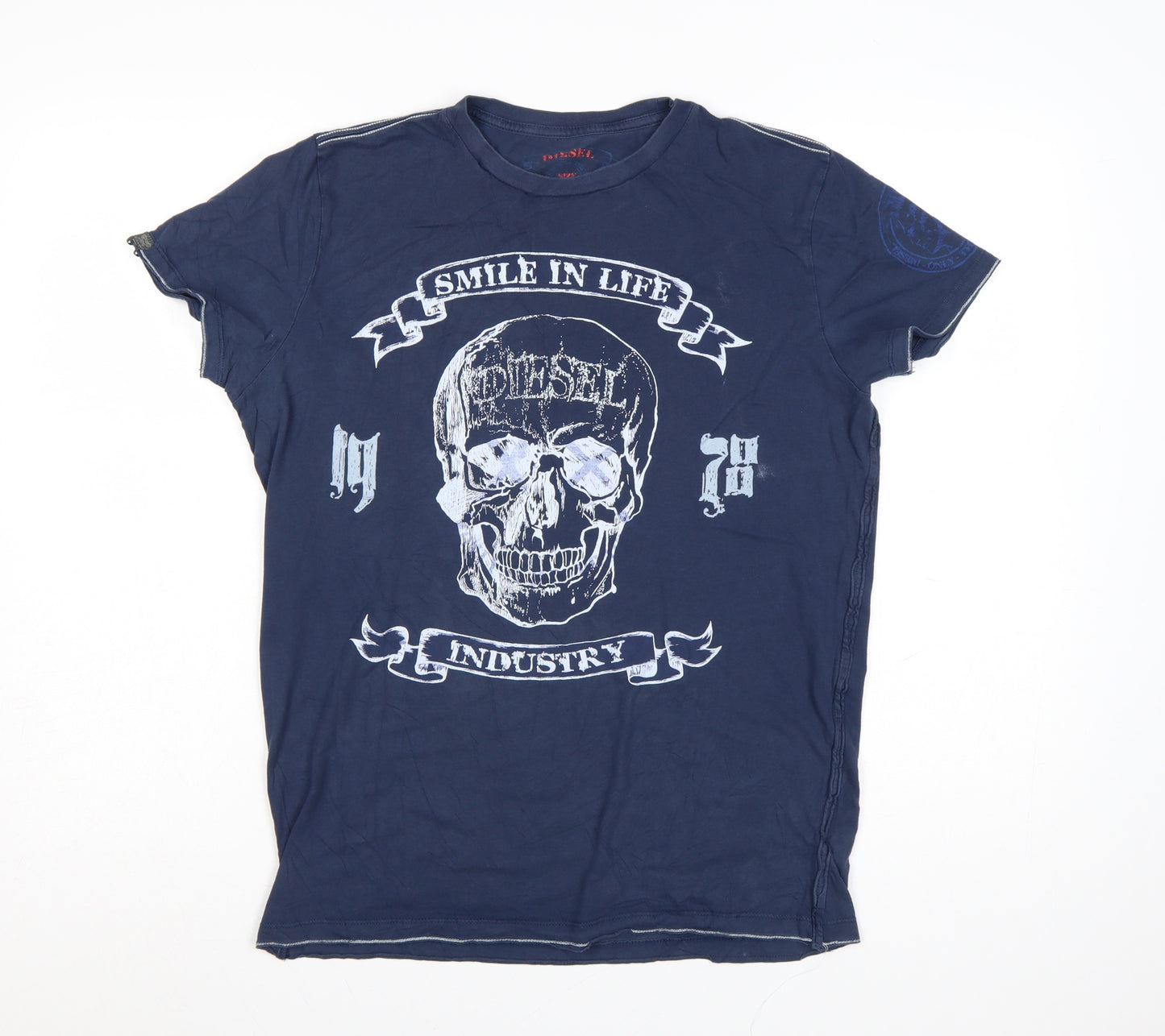 Diesel Women's Blue Graphic Skull T-Shirt L Cotton Casual Rock Style