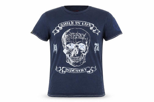 Front view of Diesel Women's Blue Graphic Skull T-Shirt L Cotton Casual Rock Style