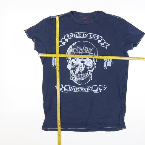 Diesel Women's Blue Graphic Skull T-Shirt L Cotton Casual Rock Style