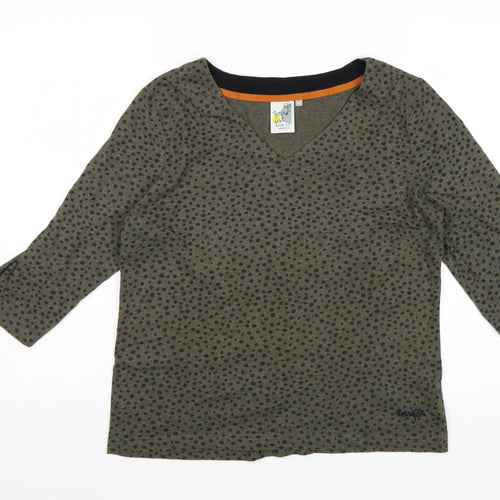 Weird Fish Womens Green Polka Dot V-Neck Jersey Top Size 16 3/4 Sleeve