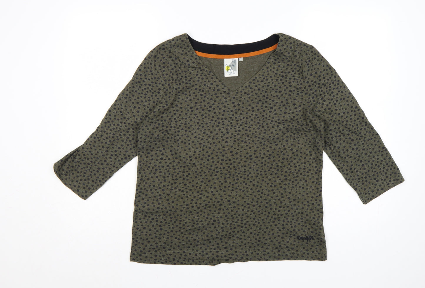 Weird Fish Womens Green Polka Dot V-Neck Jersey Top Size 16 3/4 Sleeve