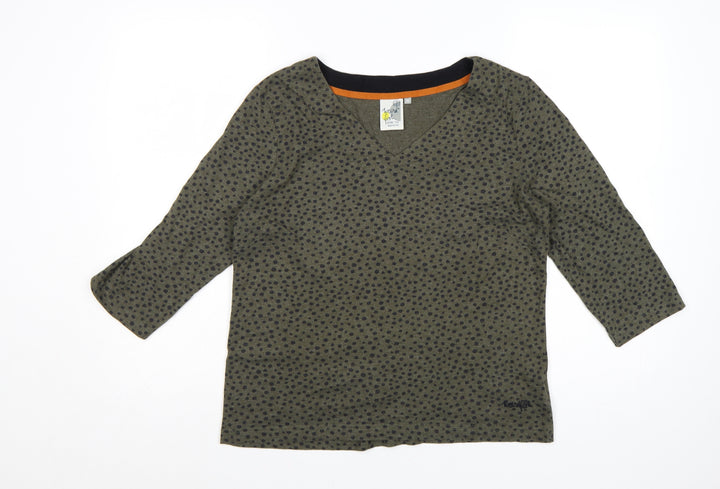 Weird Fish Womens Green Polka Dot V-Neck Jersey Top Size 16 3/4 Sleeve