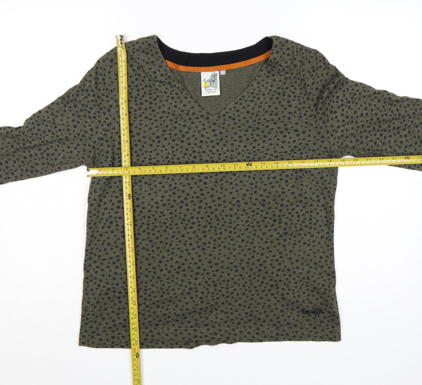 Weird Fish Womens Green Polka Dot V-Neck Jersey Top Size 16 3/4 Sleeve