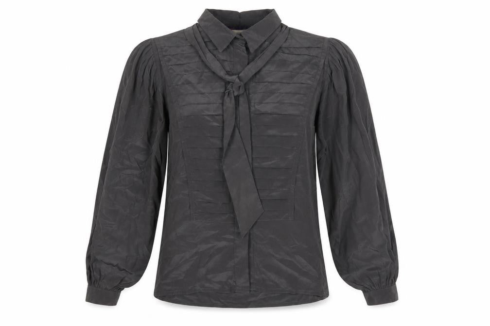 Front view of Elgé women’s grey silk classic pleated tie blouse, size UK 8