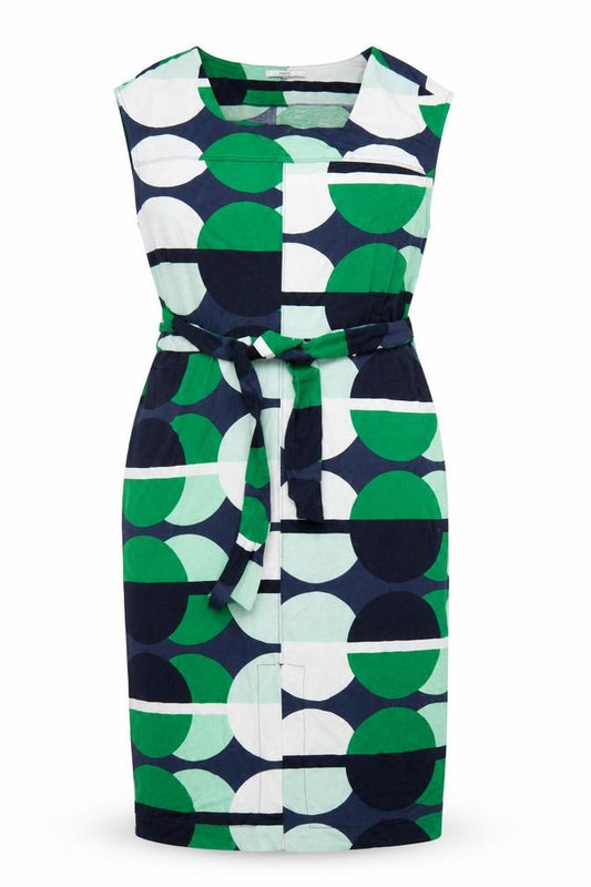 Front view of Next Women’s Multicoloured Geometric Belted Sleeveless Sheath Dress, size UK 12