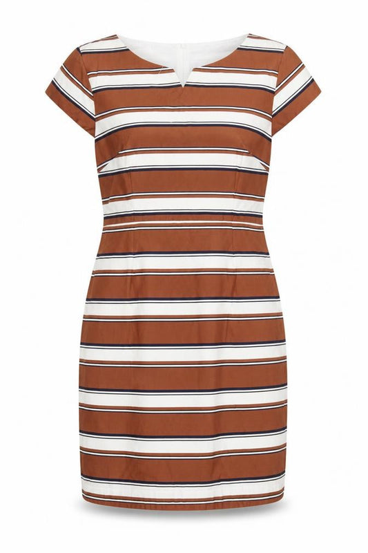 Front view of Izabel London Women’s Brown Striped Sheath Knee Length Dress, size UK 14