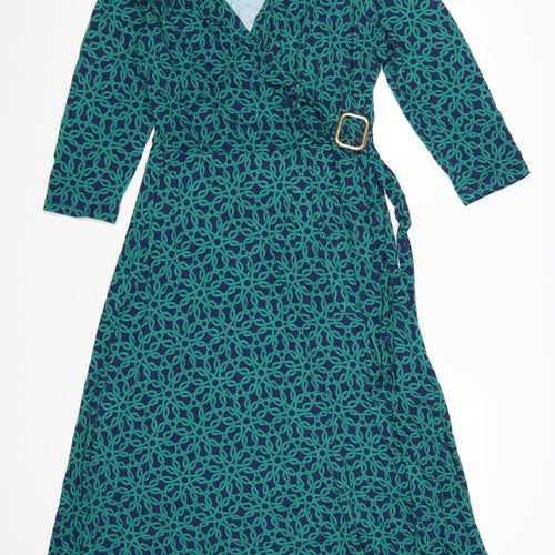 Wallis Women Green Geometric Midi Wrap Dress Size 14 Viscose Stretch
