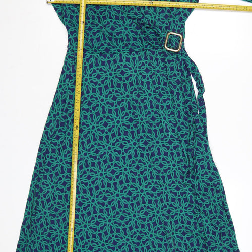 Wallis Women Green Geometric Midi Wrap Dress Size 14 Viscose Stretch