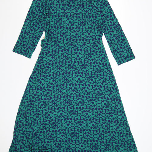 Wallis Women Green Geometric Midi Wrap Dress Size 14 Viscose Stretch