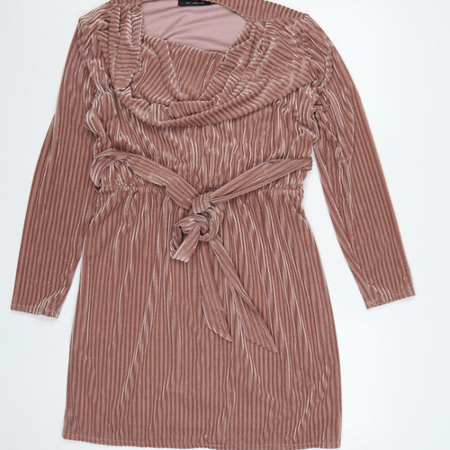 Little Mistress Women Pink Velvet Belted Cowl Neck Knee Length Dress Size 14