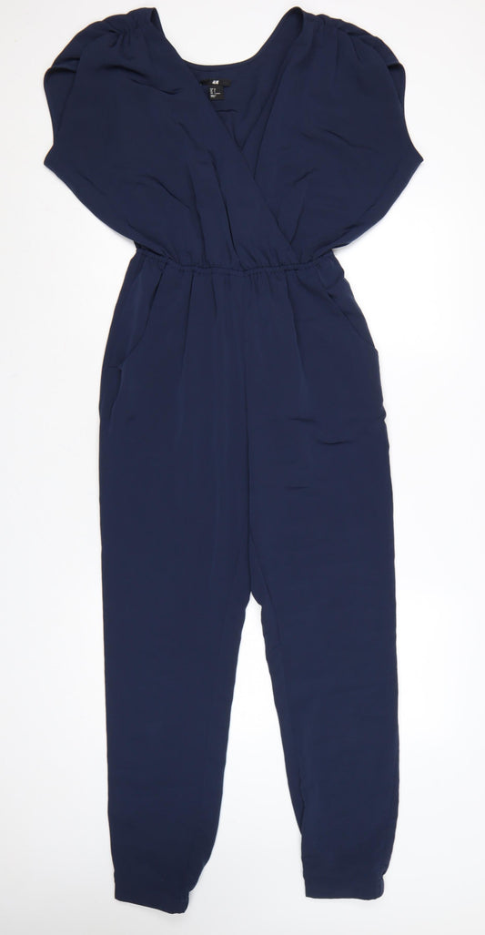 H&M Women’s Blue Tapered V-Neck Short Sleeve Jumpsuit Size 6