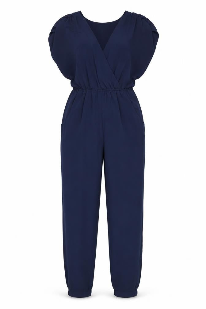 H&M Women’s Blue Tapered V-Neck Short Sleeve Jumpsuit Size 6