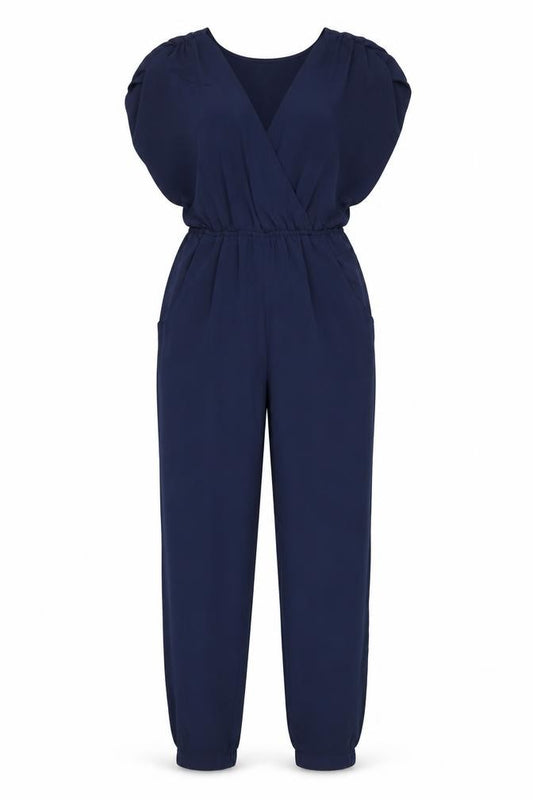 H&M Women’s Blue Tapered V-Neck Short Sleeve Jumpsuit Size 6