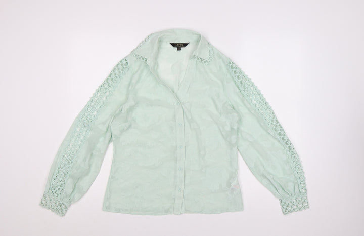 Lipsy Women Green Floral Crochet Long Sleeve Blouse Size 10
