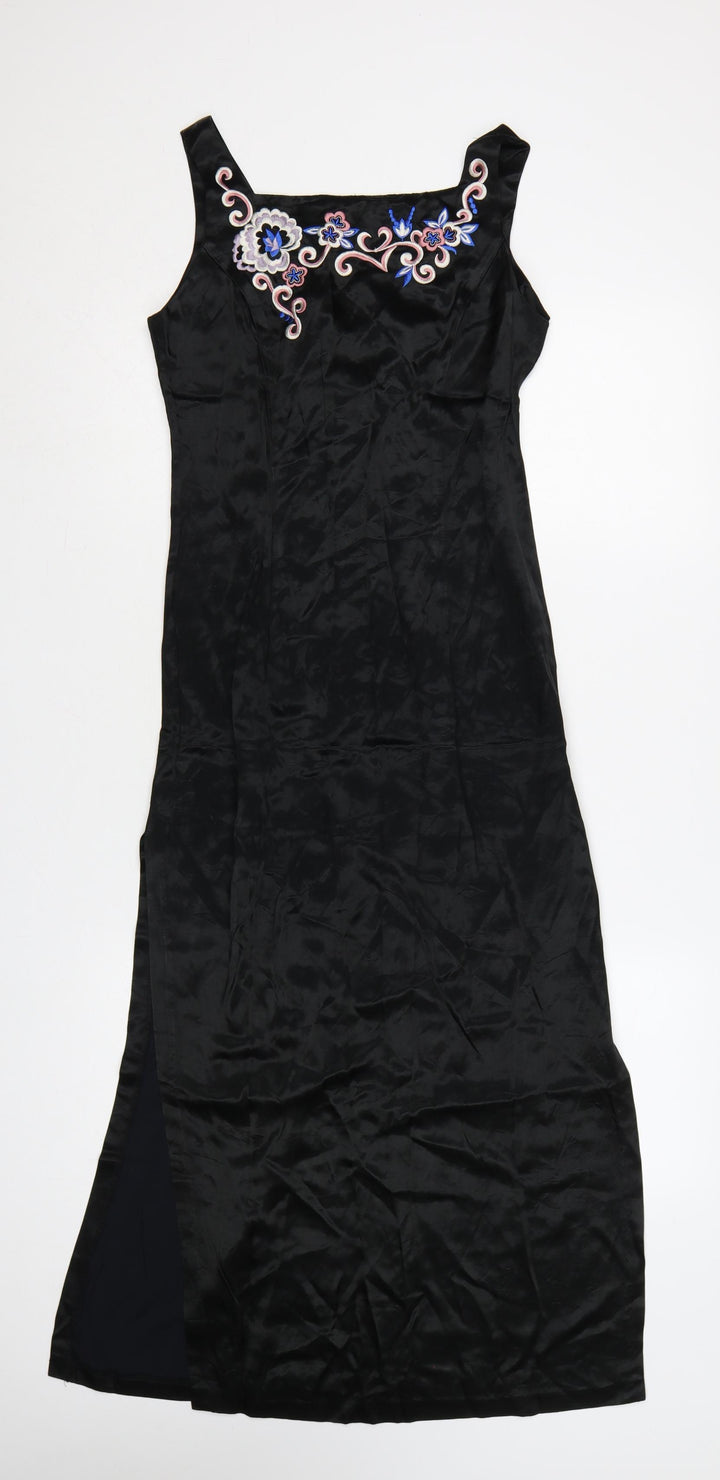 Rampage Women Black Long Sheath Dress Size 8 Sleeveless Embroidered Retro Evening