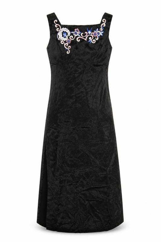 Front view of Rampage Women Black Long Sheath Dress, size 8, Sleeveless Embroidered Retro Evening