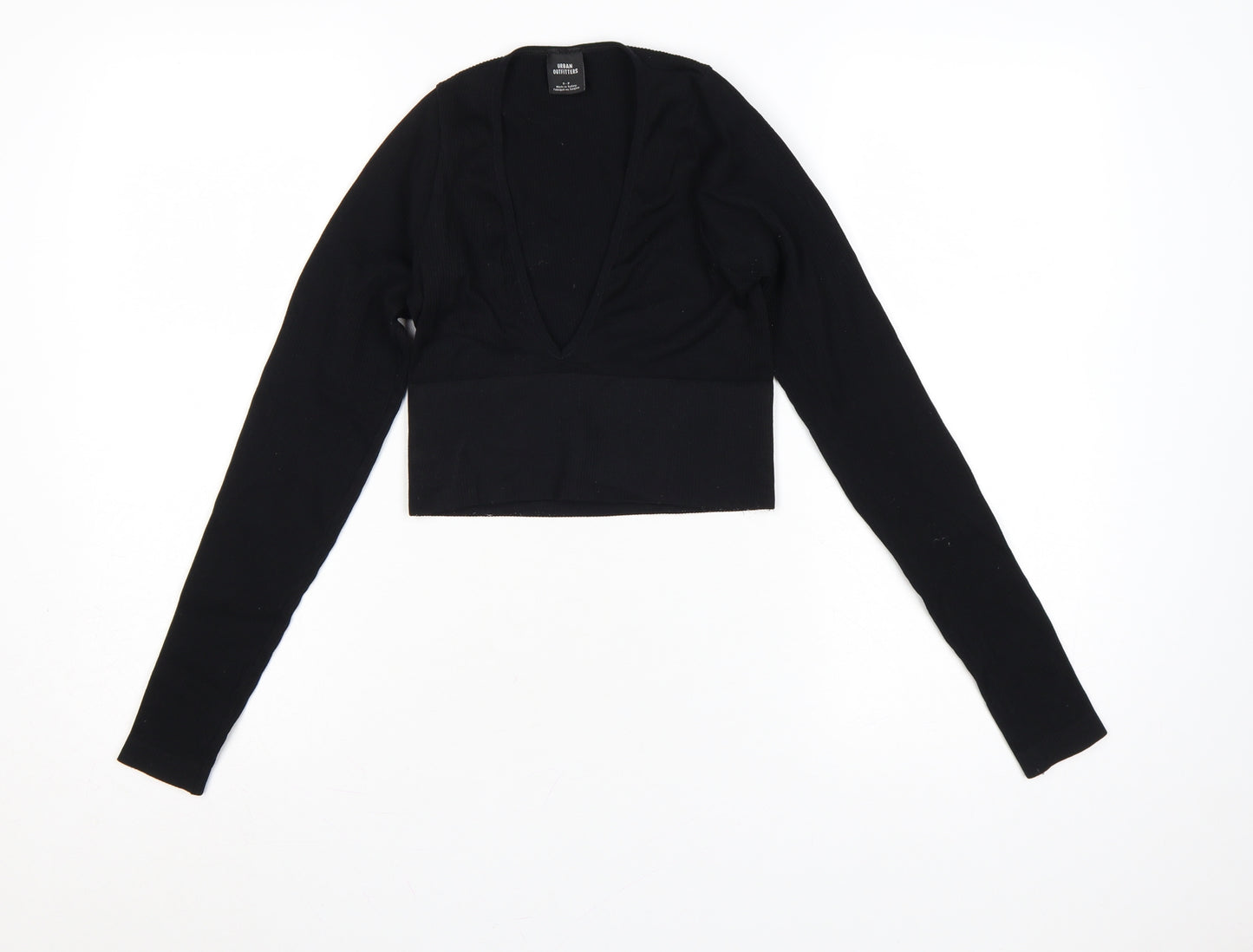 Urban Outfitters Womens Black Cropped Long Sleeve V-Neck Top S