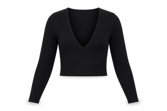 Front view of Urban Outfitters women’s black cropped long sleeve v-neck top s