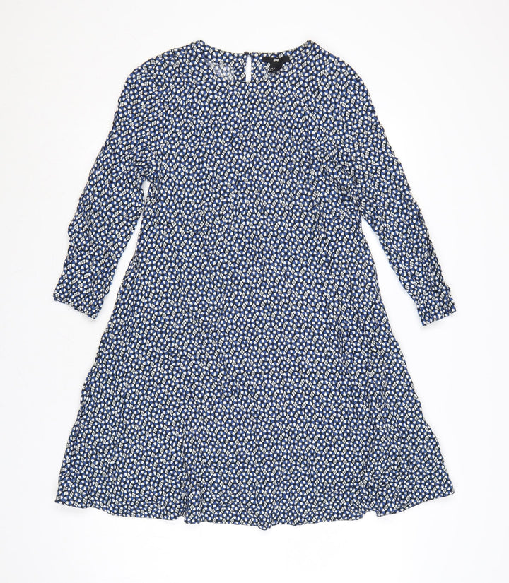 H&M Women Blue Floral A-Line Knee Length Viscose Dress Size 10