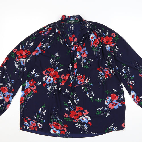 Ralph Lauren Women Blue Floral Ruffle Long Sleeve Blouse XS