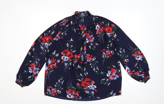 Ralph Lauren Women Blue Floral Ruffle Long Sleeve Blouse XS