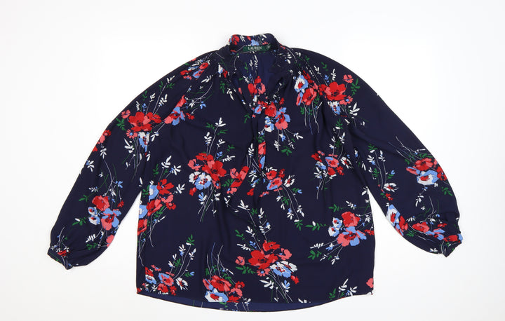 Ralph Lauren Women Blue Floral Ruffle Long Sleeve Blouse XS