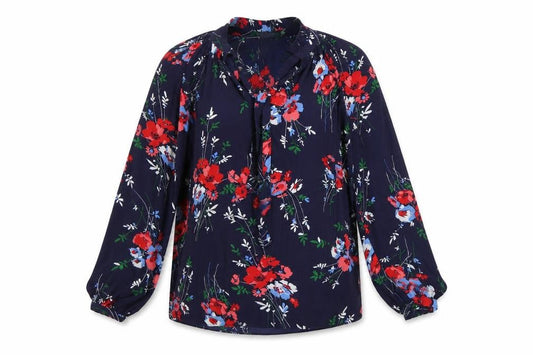 Front view of Ralph Lauren Women Blue Floral Ruffle Long Sleeve Blouse XS