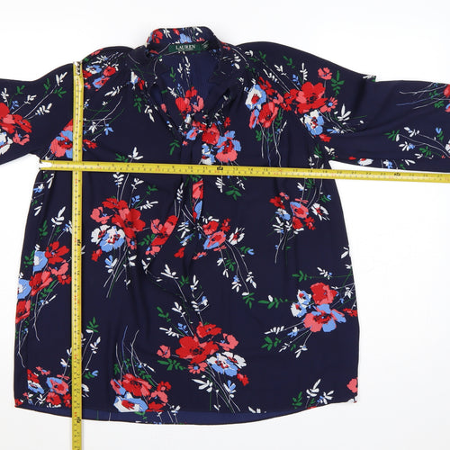 Ralph Lauren Women Blue Floral Ruffle Long Sleeve Blouse XS