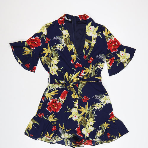 Parisian Women’s Navy Floral Wrap Playsuit UK 10 Short Sleeve Belted Summer Outfit