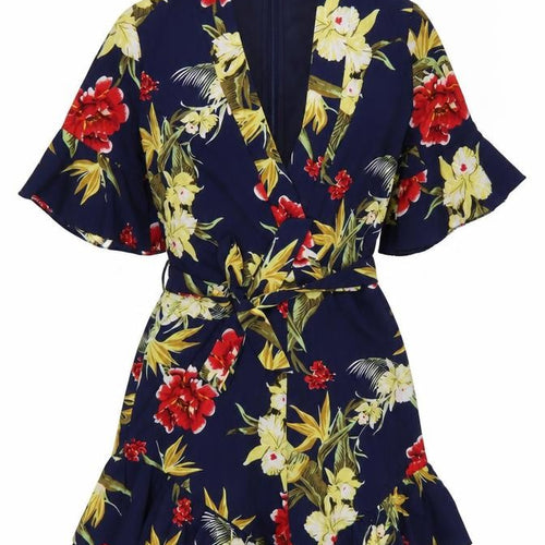 Parisian Women’s Navy Floral Wrap Playsuit UK 10 Short Sleeve Belted Summer Outfit