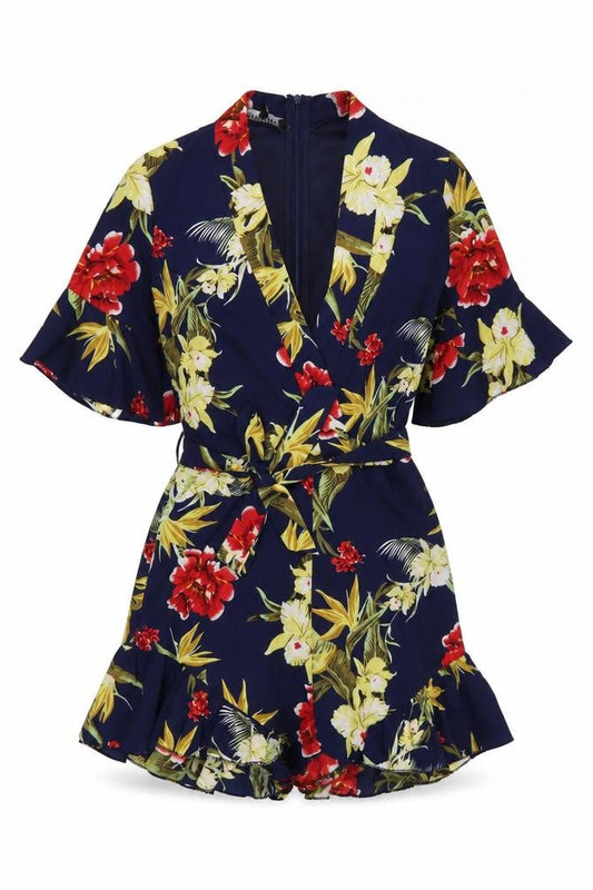 Parisian Women’s Navy Floral Wrap Playsuit UK 10 Short Sleeve Belted Summer Outfit