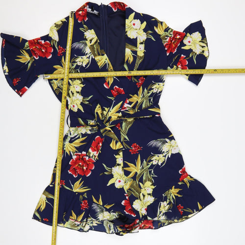 Parisian Women’s Navy Floral Wrap Playsuit UK 10 Short Sleeve Belted Summer Outfit