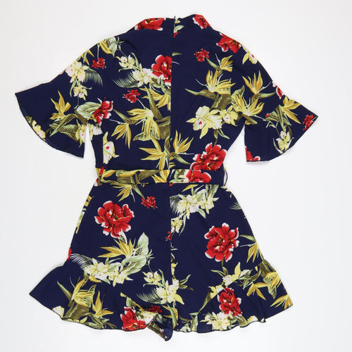Parisian Women’s Navy Floral Wrap Playsuit UK 10 Short Sleeve Belted Summer Outfit