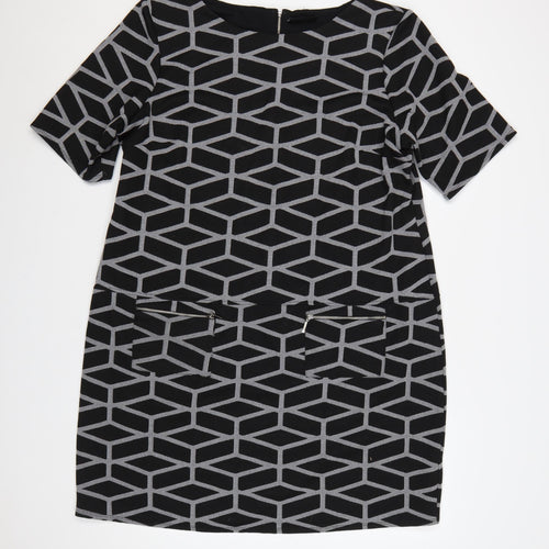Wallis Women’s Black Geometric Shift Dress Size 20 Knee Length Zip Detail