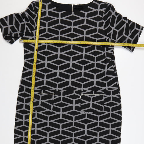 Wallis Women’s Black Geometric Shift Dress Size 20 Knee Length Zip Detail